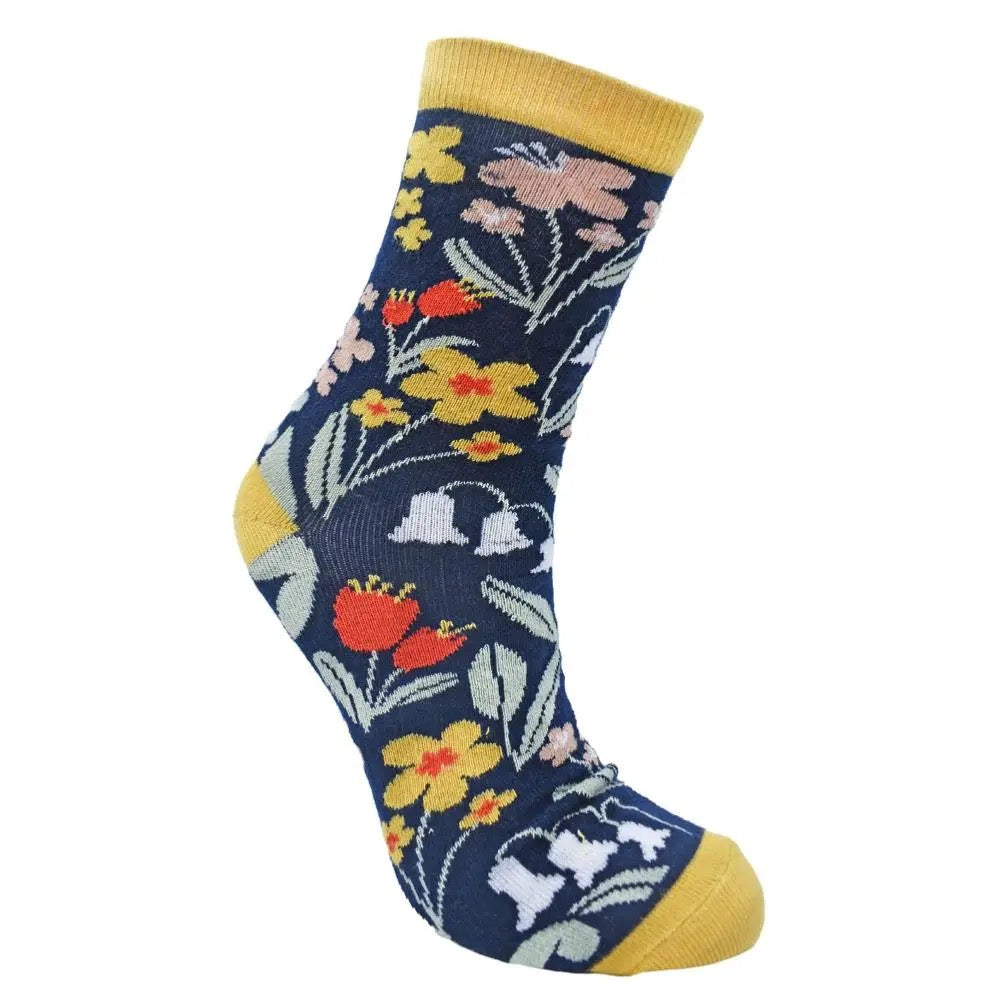 Bamboo Socks Yellow Blue Floral Shoe Size Uk 3-7