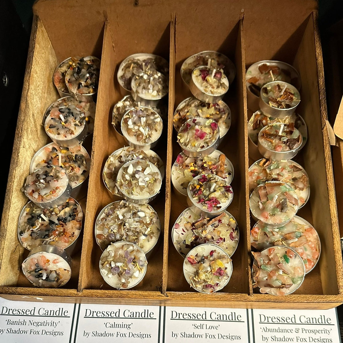 Self Love Dressed Candle Tealight a beautiful tea-light dressed with dried herbs, dried flowers and crystal chips