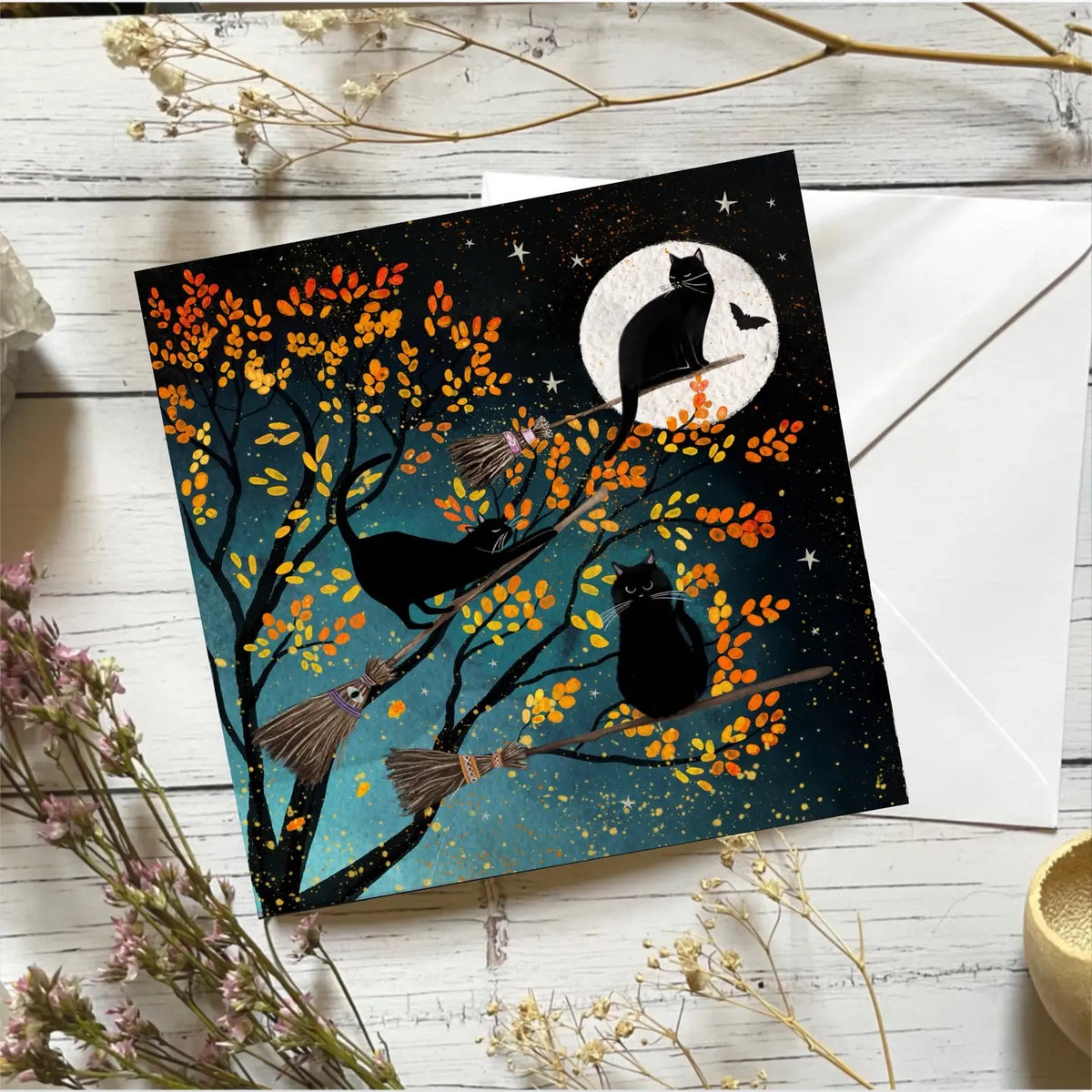 Witchy Cats Greetings Card - Cats with brooms birthday card