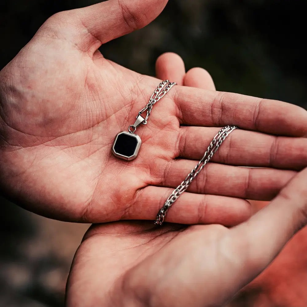 Black & Silver Onyx Pendant Necklace 24''