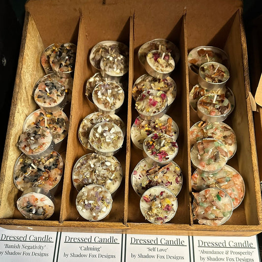Self Love Dressed Candle Tealight a beautiful tea-light dressed with dried herbs, dried flowers and crystal chips