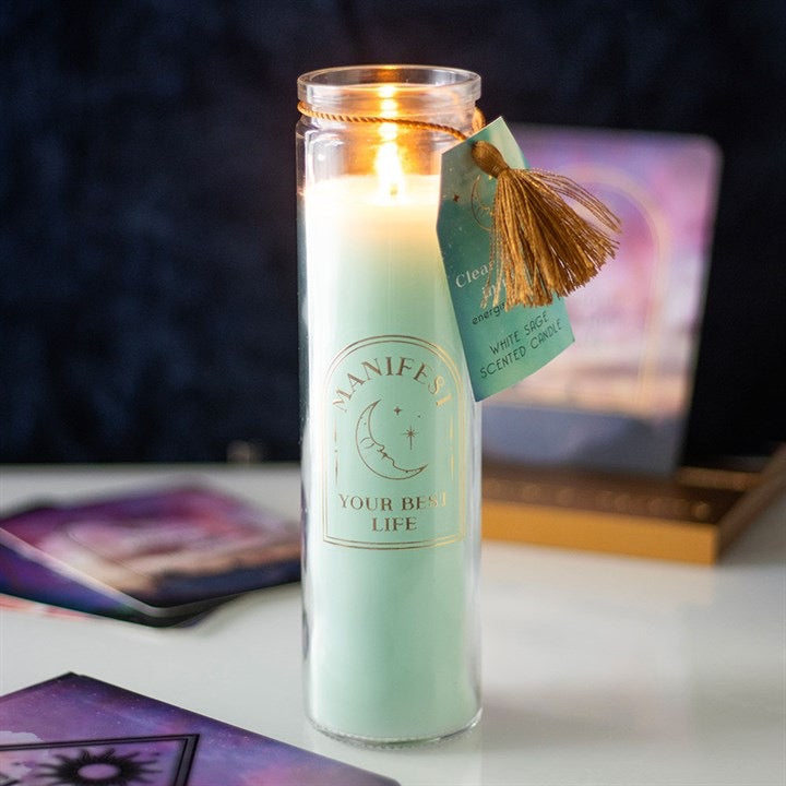 White Sage Tube Candle with Clear Quartz Crystal Chips 'Manifest Your Best Live'